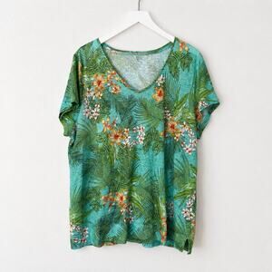 J.Jill Love Linen Aqua Tropical Floral Palm V-Neck Resort Top XL